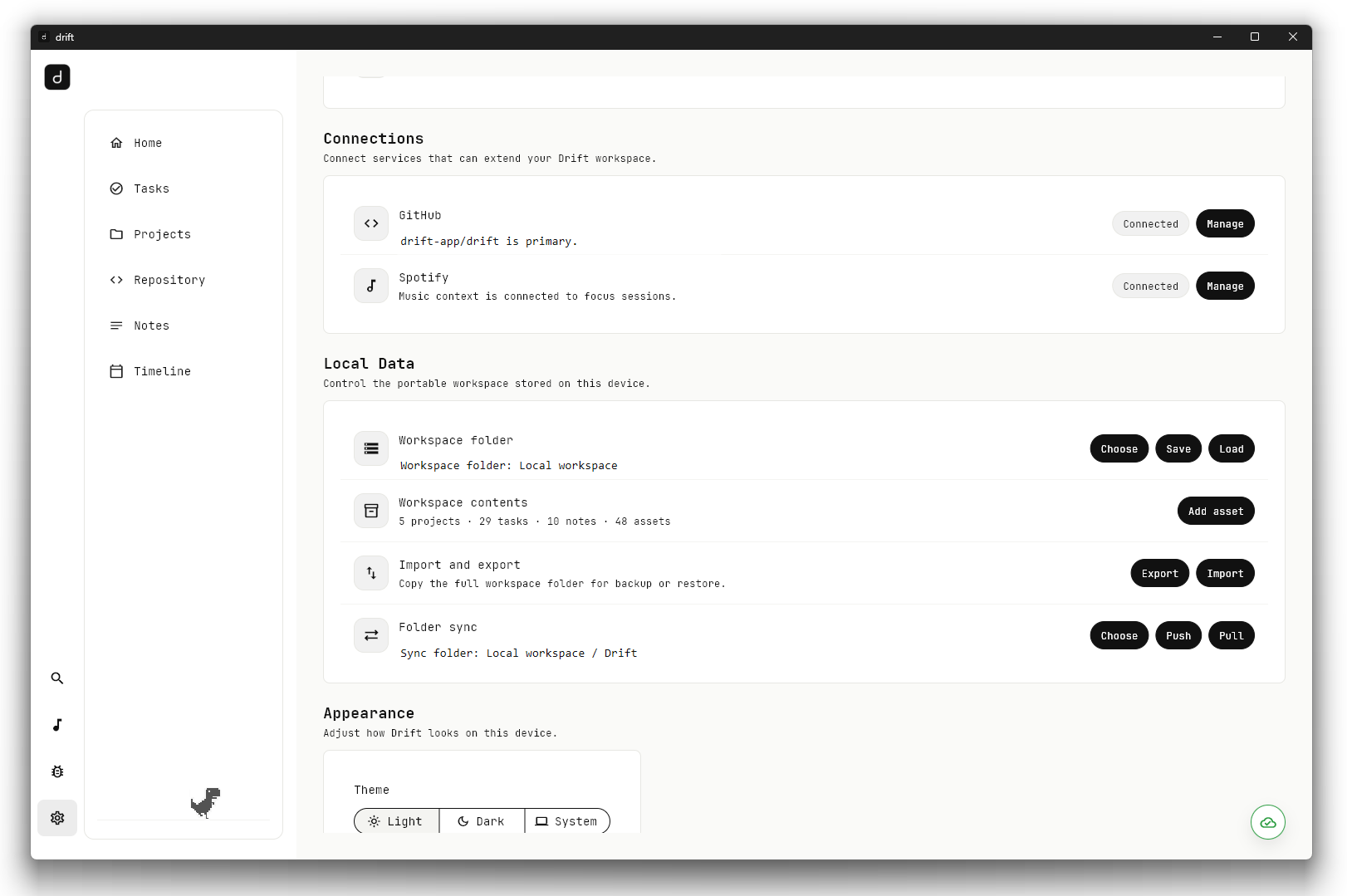 drift local data and connection settings