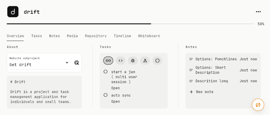 drift compact project overview card with tasks and notes
