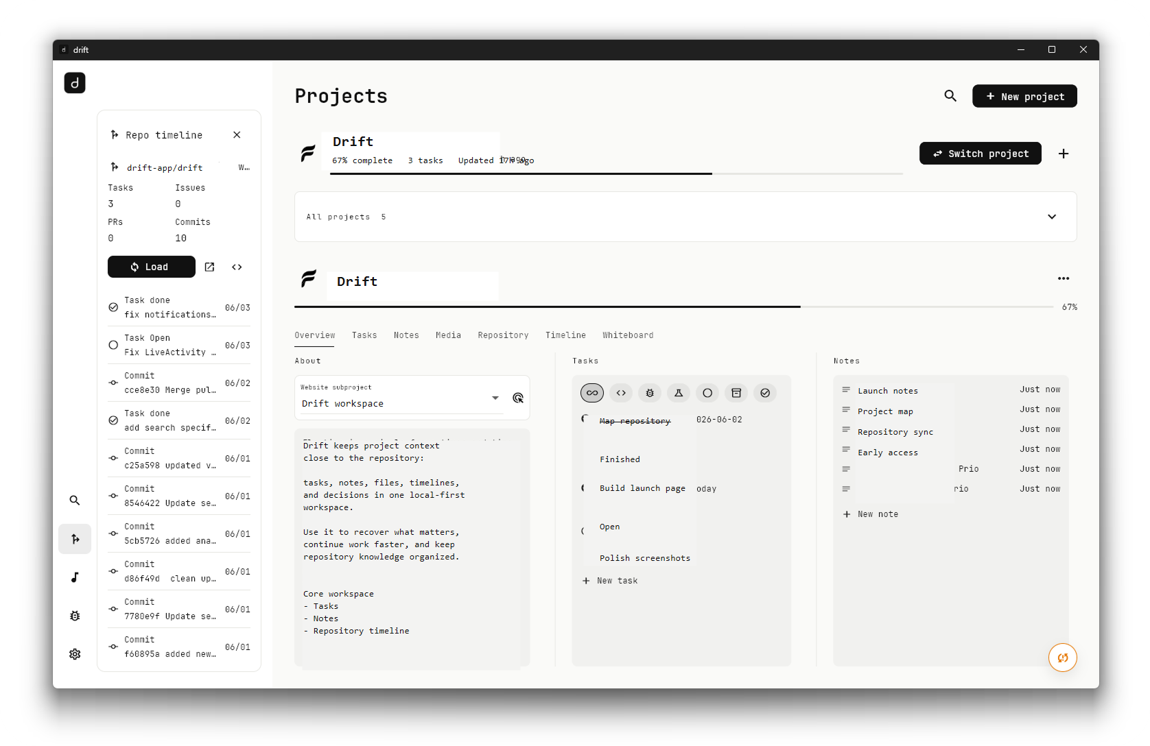 drift project workspace showing repository timeline, project overview, tasks, and notes