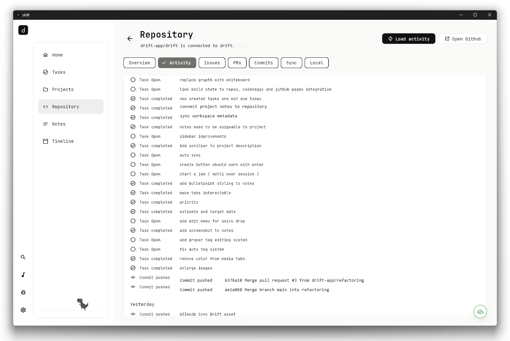 drift repository activity view with task and commit timeline